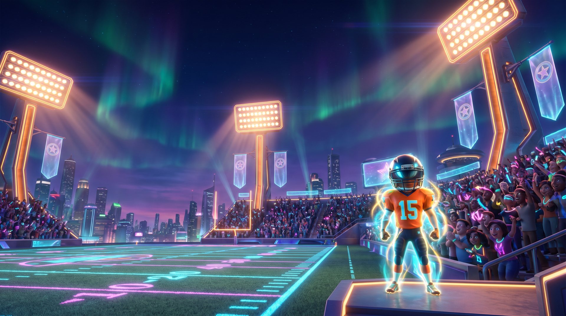 A young hero in a #15 jersey on a glowing futuristic stadium field